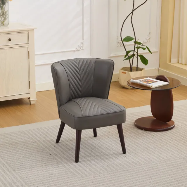 FloraGrace Loungestoel – Diagonaal Gestikt Design – Zonder Armleuningen – Leer En Hout – Modern – Grijs – Comfortabel