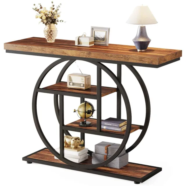 C. , R. E. CORE Consoletafel - O-vormige entreetafel - Haltafel - Gangtafel - Bijzettafel - 4 Planken - Industrieel design - 105x30x80cm Rustiek bruin