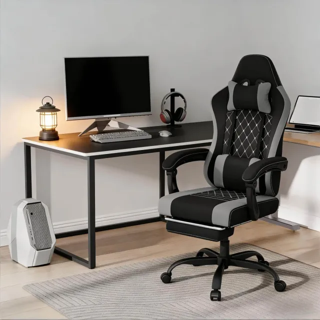 REDOM Bureaustoel - Massage lendenkussen - 360° draaibaar - Verstelbare zithoogte - Gamingstoel - Volwassenen - Mesh en metaal - Zwart en grijs - 70 x 70 x 127 cm