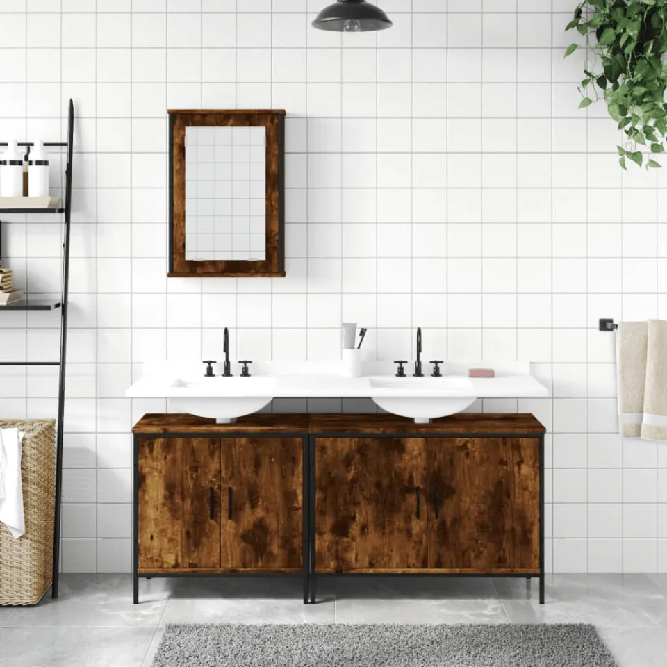 vidaXL 3-delige Badkamermeubelset bewerkt hout gerookt eikenkleurig, foto 2
