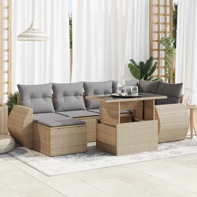 vidaXL 7-delige Loungeset met kussens poly rattan beige, foto 2