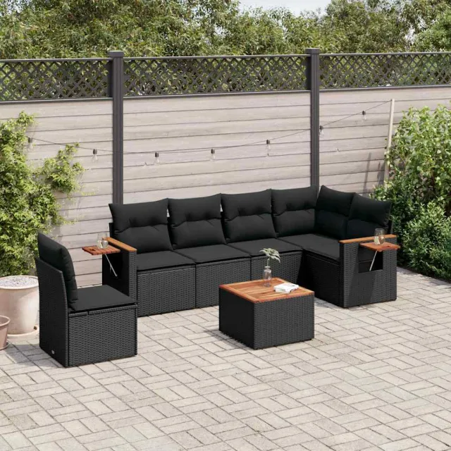 vidaXL 7-delige Loungeset met kussens poly rattan zwart, foto 2