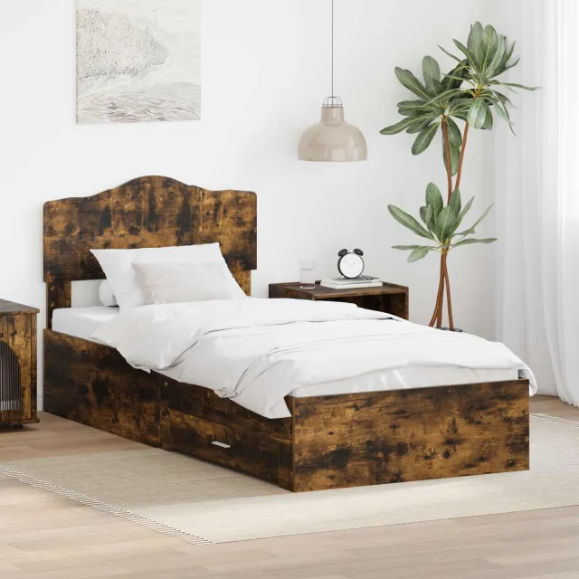 vidaXL Bedframe met lade Gerookt eiken 90 x 190 cm Bewerkt hout Bruin