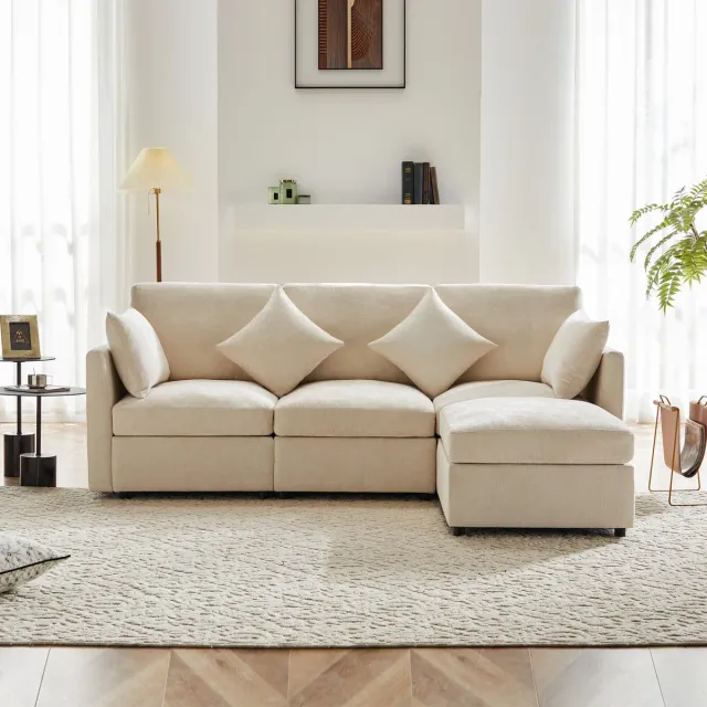 Zubaliya Woonkamer Hoekbank, L-Bank, 3-Zits Bank, L-Vormige Hoekbank, Omvormbaar Tot 3-Zits, Modulair Opgebouwd, Met Beweegbare Voetenbank En 4 Chenille Kussens, Ideaal Voor Woonkamer, Appartement En Kantoor, Beige