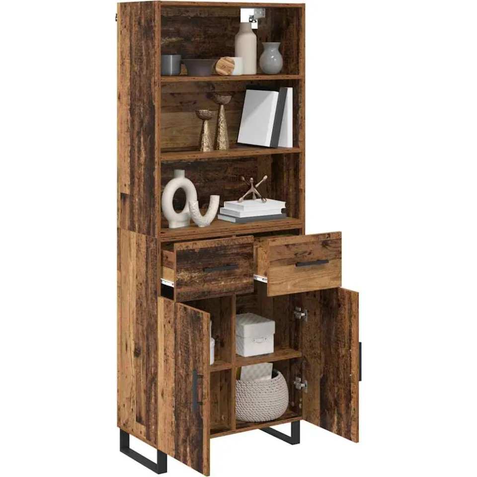vidaXL Hoge kast 2 st Oudhout 69,5 x 34 x 180 cm Bewerkt hout en glas bruin, foto 3