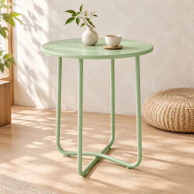 HAUSS SPOLE Ronde Buiten Bijzettafel - Metalen Tuintafel Met X-Basis En Verstelbare Voetjes - Voor Terras En Balkon - Groen - 48 x 51 Cm