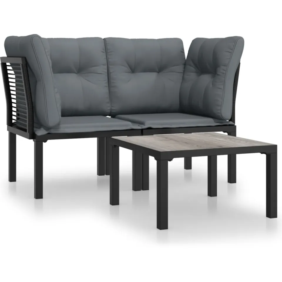 vidaXL 3-delige Loungeset met kussens poly rattan zwart en grijs, foto 3