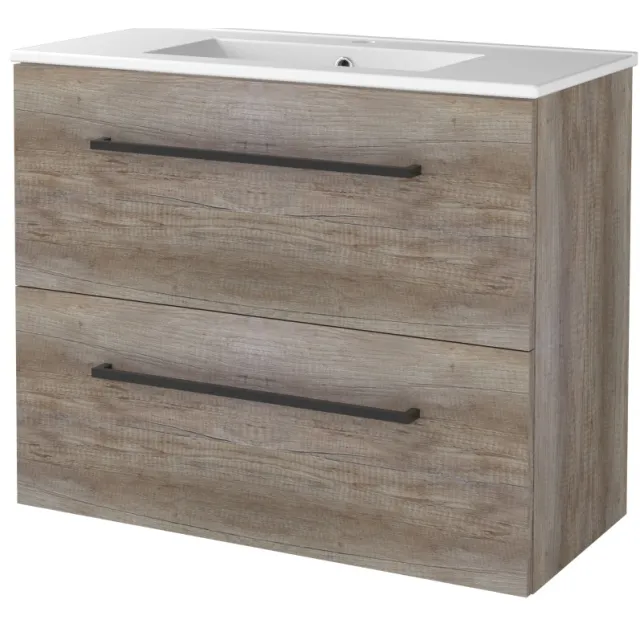 Boss & Wessing Badmeubelset BWS Salt 80x39cm Met Grepen 2 Lades Met Wastafel 1 Kraangat Scotch Oak Bruin
