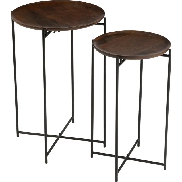 J-Line bijzettafel Rond - ijzer/hout - bruin/zwart - 2 stuks