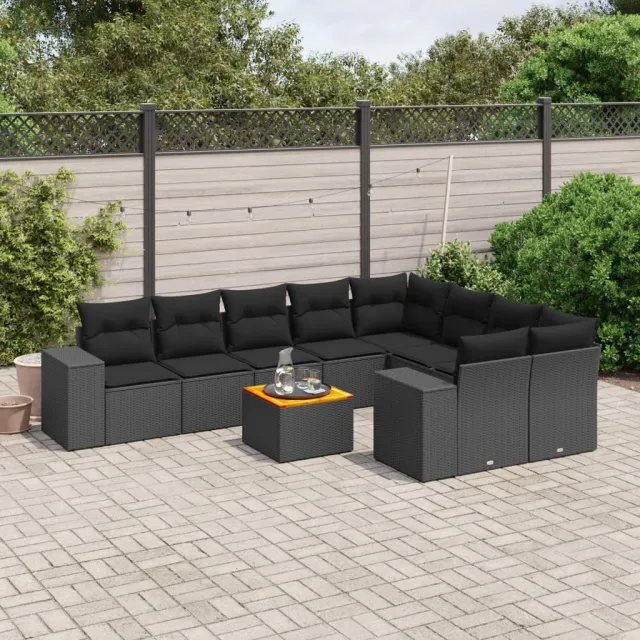 vidaXL 10-delige Loungeset met kussens poly rattan zwart, foto 2