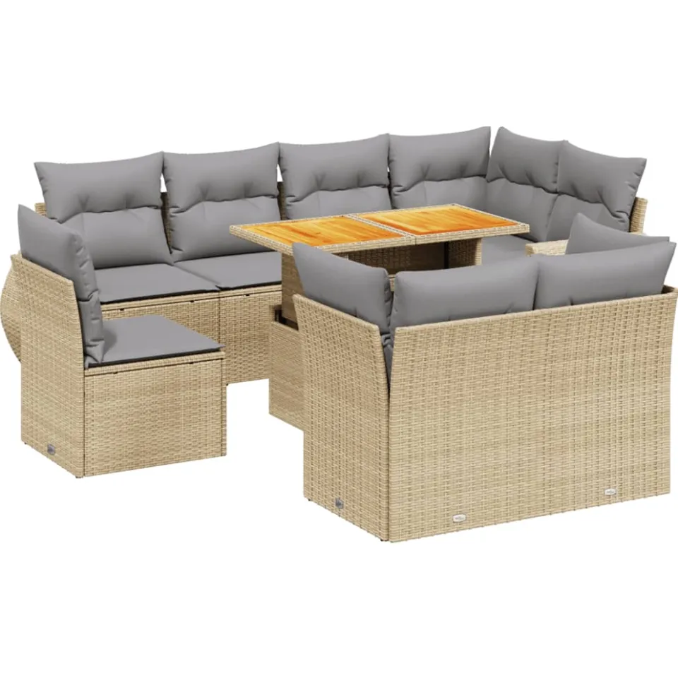 vidaXL 9-delige Loungeset met kussens poly rattan beige, foto 3