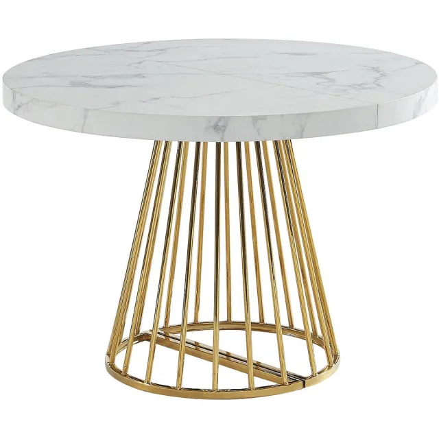 Vente-unique Uitschuifbare eettafel voor 2 tot 12 personen van MDF en staal - Wit en goud marmereffect - FIRELA