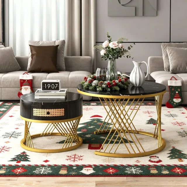 REDOM 2-in-1 ronde salontafelset met marmerprint, rattanlades en massief hout grepen, gouden metalen poten, MDF zwart
