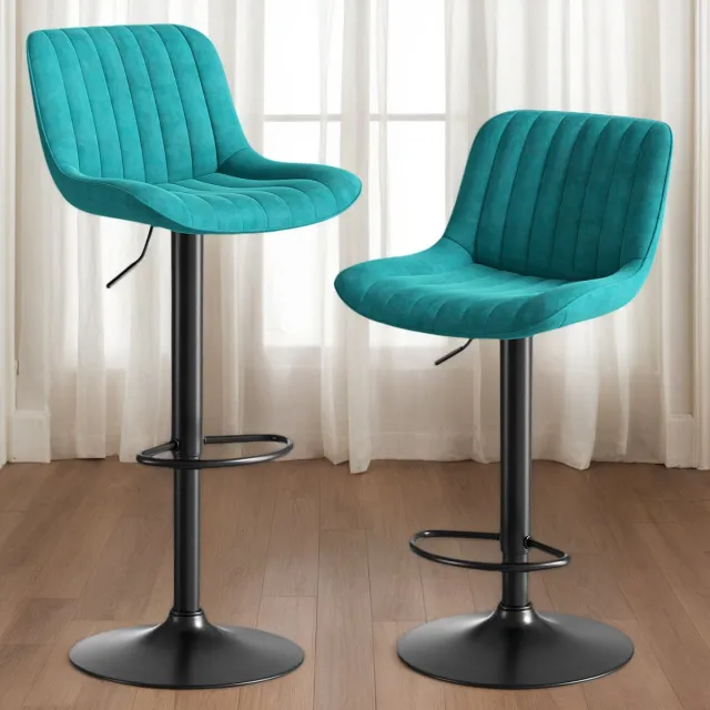 MEUNIQ Barkruk set van 2 in blauw velvet, draaibaar en hoogte instelbaar 87-109 cm, met rugleuning en voetsteun voor keuken of bar Blue
