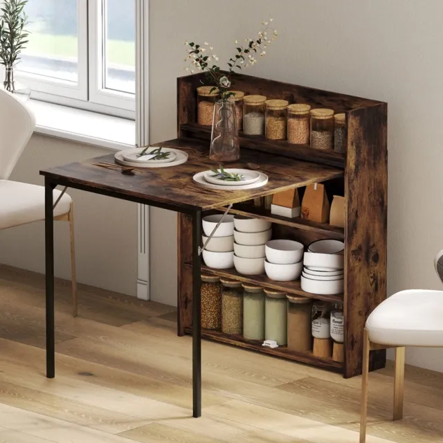 MODFU Klapbare Eettafel Met Opbergrek - Ruimtebesparend - Industrieel - Voor Keuken - MDF En Staal - Rustiek Bruin - 80 x 90 x 93 cm