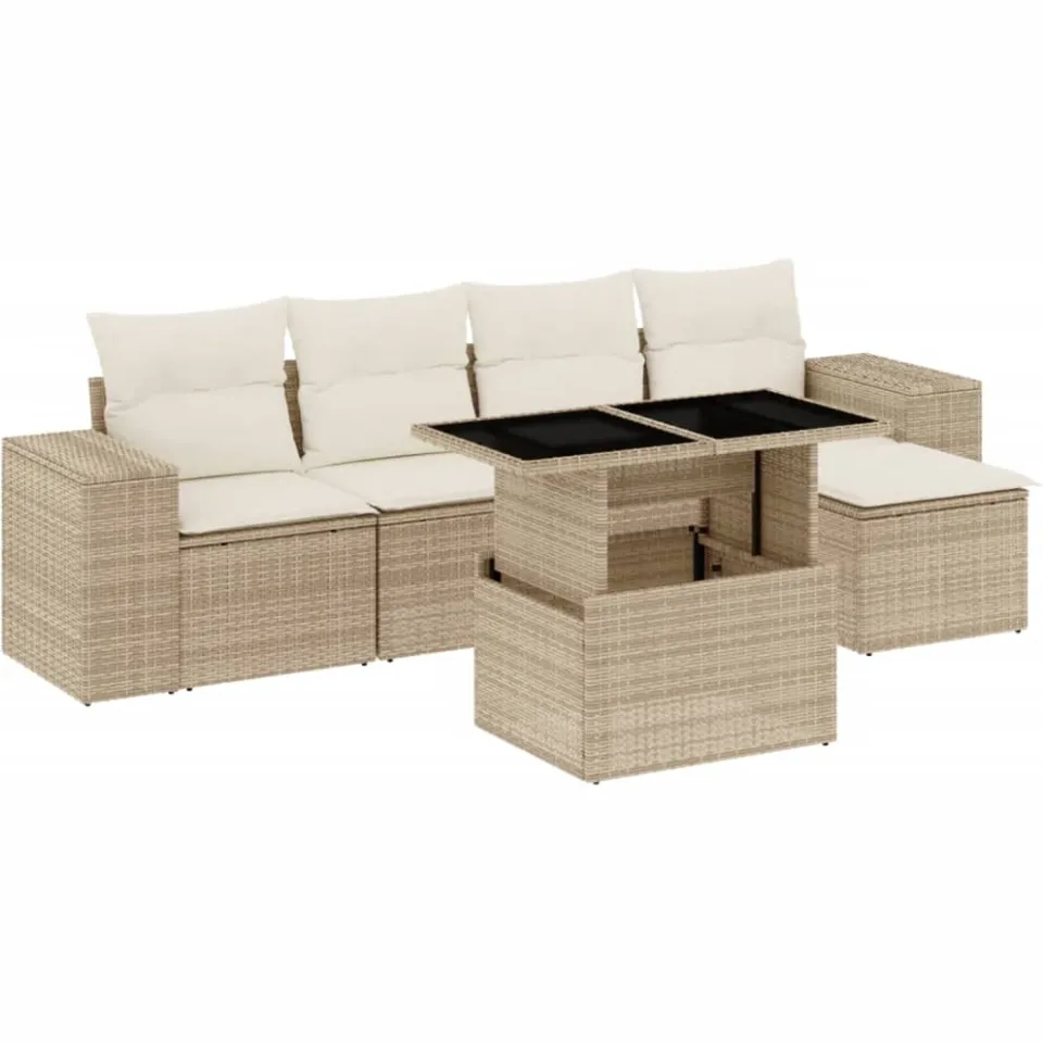 vidaXL 6-delige Loungeset met kussens poly rattan beige, foto 3