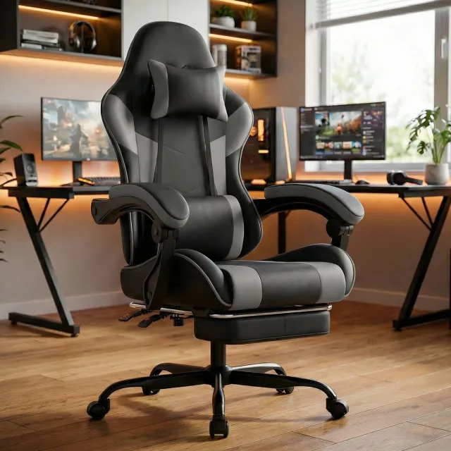 REDOM Gamingstoel - Ergonomische rug- en lendensteun - Verstelbare hoofdsteun en rugleuning - Met armleuningen en wielen - Zwart grijs - 131 x 63 cm