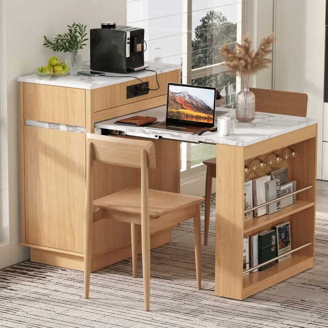 Wishdor Eettafel - Uitschuifbare keukenisland met opbergruimte, lades, LED en stopcontact - modern - keuken en eetkamer - houtlook - naturel - 58-154 x 80,5 x 94 cm Natural