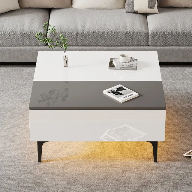 DESMIU Salontafel - In Hoogte Verstelbaar Met Verborgen Opbergruimte En Ledverlichting - Voor Woonkamer En Kleine Ruimtes - MDF - 70x70x35 Cm - Wit Grijs