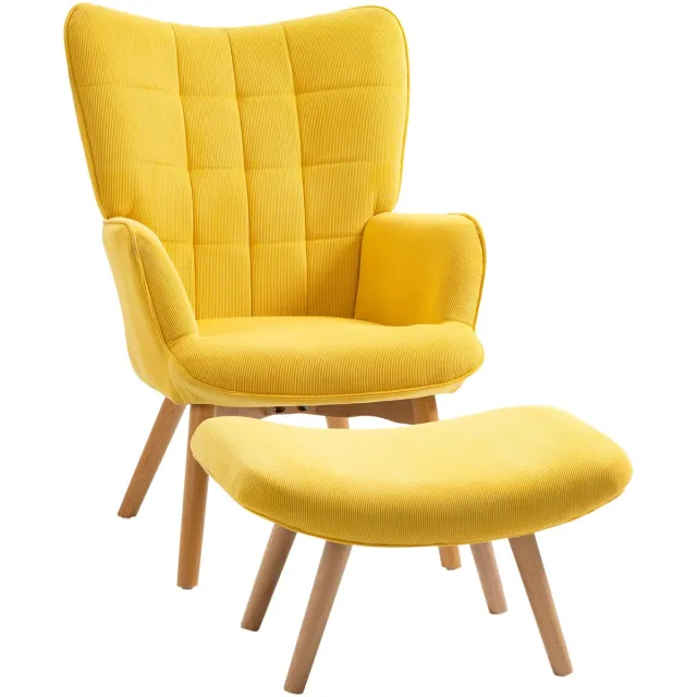 Homona Fauteuil met hocker - Met gestoffeerde zitting in cord-optiek en beukenhouten poten - 72 x 80 x 101 cm - Geel