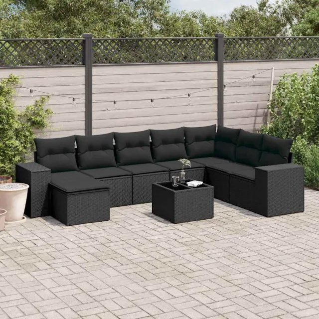 vidaXL 9-delige Loungeset met kussens poly rattan zwart, foto 2
