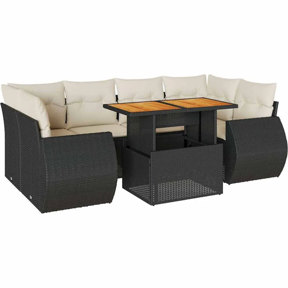 vidaXL 7-delige Loungeset met kussens poly rattan zwart, foto 3