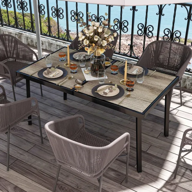 HAUSS SPOLE Tuintafel - Ruime Eettafel Voor 6 Personen Met Houtlook Tafelblad - Voor Tuin Terras En Balkon - Staal En Kunststof - 145x85x72 Cm - Grijs