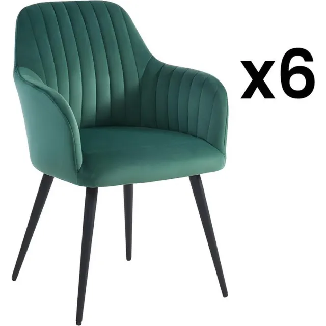 Vente-unique Set van 6 stoelen met fluweel en zwarte metalen leuningen - Groen - ELEANA Dennengroen