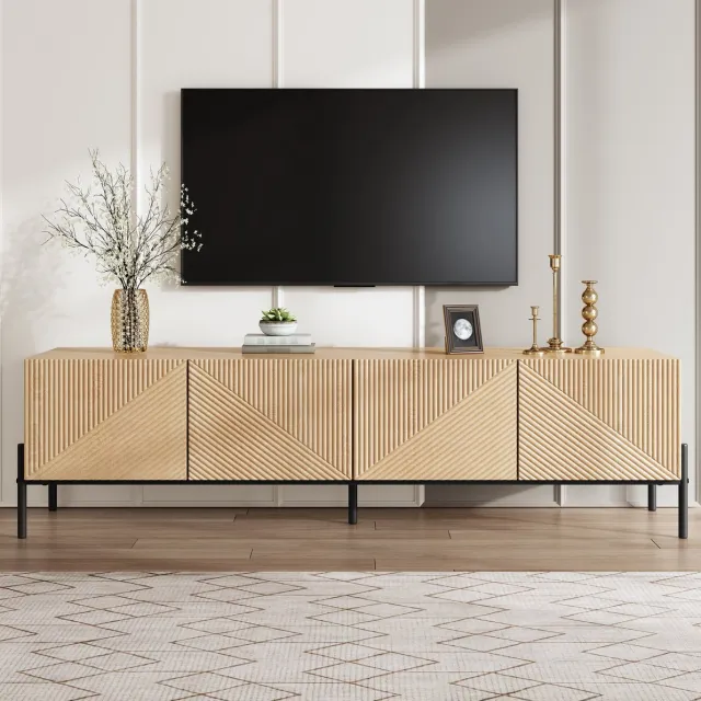 REDOM TV-schrank - Geometrische 3D-textuur - 4 deuren - Push-to-open - Design - Woonkamer - MDF - Naturel - 163,5 x 40 x 45 cm Natural