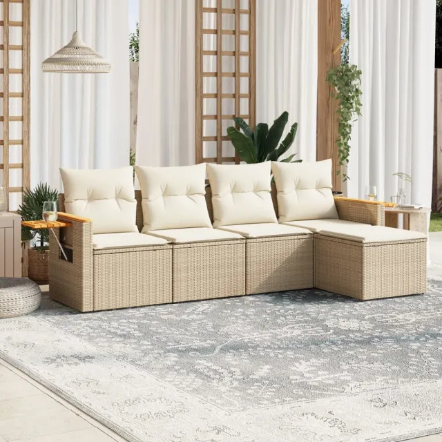 vidaXL 5-delige Loungeset met kussens poly rattan beige, foto 2