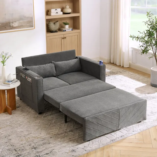 MODFU Slaapbank - 3-In-1 - Uitschuifbaar Met Usb-Laadpoorten - Minimalistisch - Voor Woonkamer Of Logeerkamer - Hout En Stof - Donkergrijs