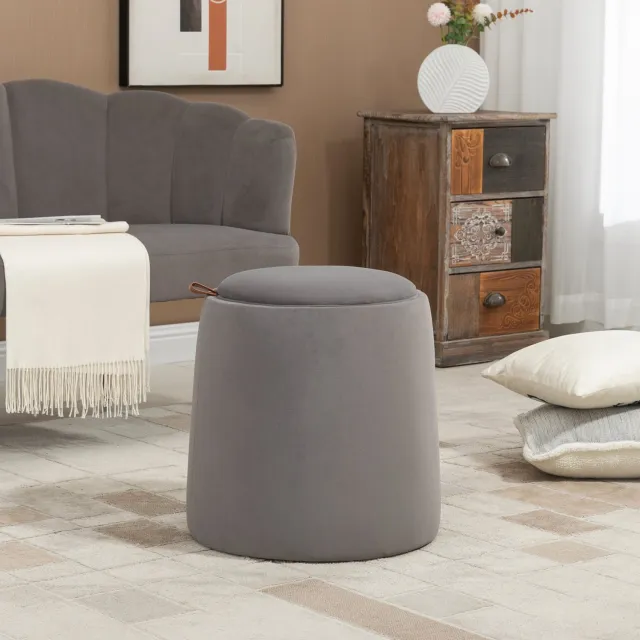 DESMIU Ronde Poef 44 x 47,5 cm - Omkeerbaar Deksel en Opbergruimte - Voor Woonkamer en Zitkamer - Polyester - Donkergrijs