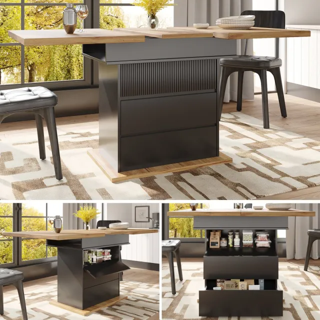 Clruro Eettafel - 110-140×80 cm - Uitschuifbare Tafel met 3 Opbergplanken - Ruimtebesparend - Zwart Zwart, naturel