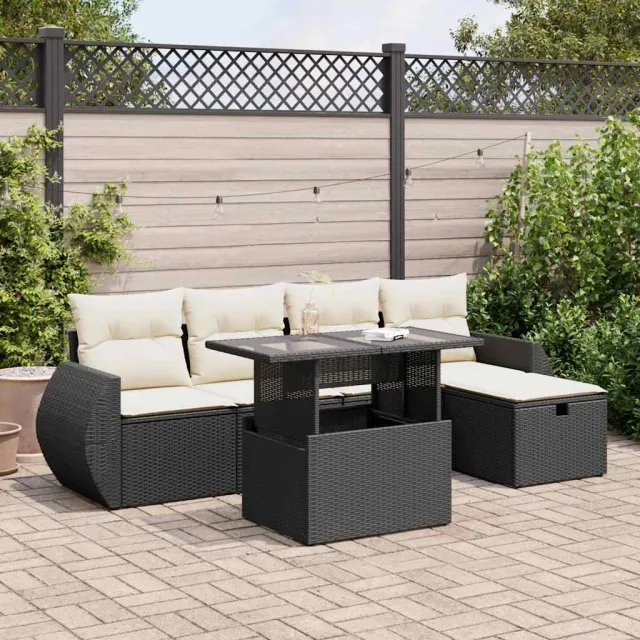 vidaXL 6-delige Loungeset met kussens poly rattan zwart, foto 2