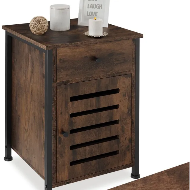 Tectake Bijzettafel met lade en kast - Nachtkastje in industrieel design - Voor woonkamer, slaapkamer, kantoor, hal - Zwart metalen frame - Afmeting (LxBxH) 40 x 42 x 60,5 cm - Bruinbruin donkerbruin