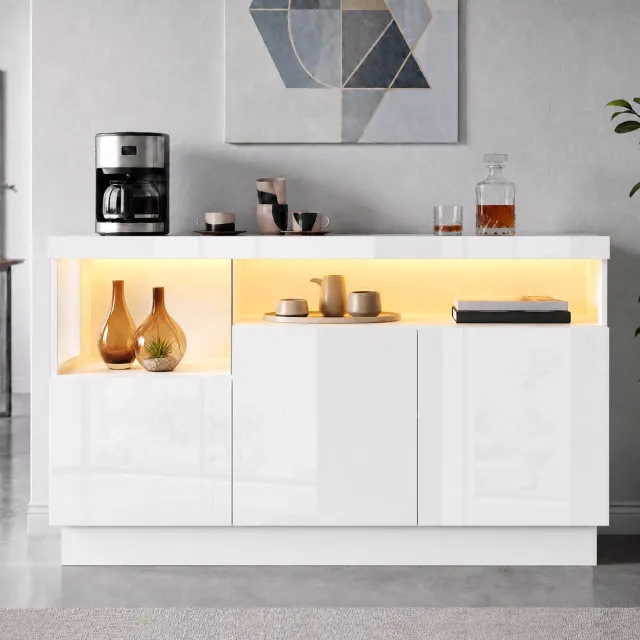 Maisentiel Wit dressoir met 3 deuren, acryl displayvak en appgestuurde LED – 140 x 36 x 80 cm