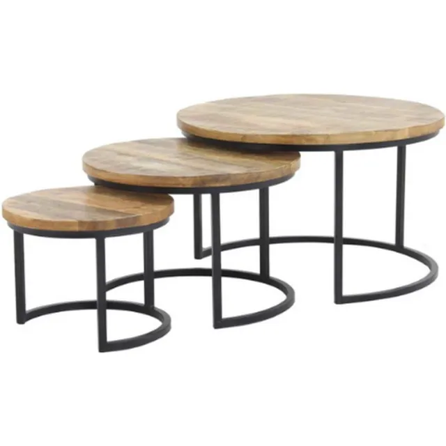 Benoa Salontafel rond set van 3 mangohout - Naturel natuurlijk