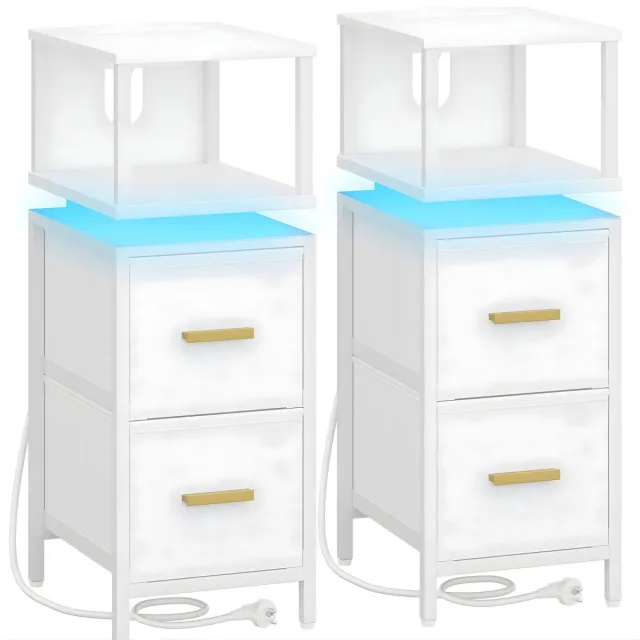 Happiq Nachtkastjes Set van 2 – Voor Slaapkamer & Woonkamer – Smalle Bijzettafels met 2 Stoffen Lades en Planken – Wit White