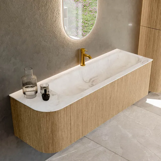 Mondiaz KURVE-DLUX 145 cm Onderkast Greeploos 1 Lade Met Deuren Oak, Wastafel Solid Surface Rechts Frappe 1 Kraangat Zonder Spiegel (KRVBGL145L1L1D1KR-Oak/Fra)