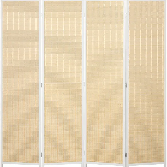 Famanu Houten kamerscherm voor binnen, 4 panelen, ruimteverdeler van natuurlijk hout, opvouwbaar en multifunctioneel voor woonkamer en slaapkamer Naturel